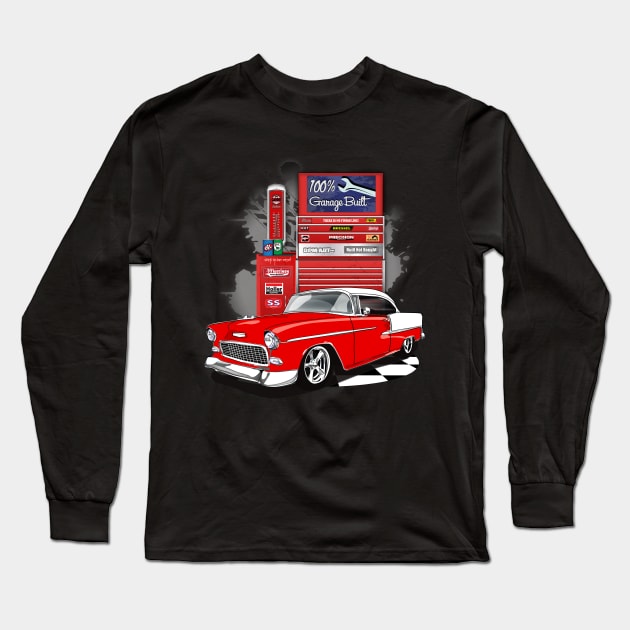 1955 Gypsy Red Chevy Bel Air Garage Built Long Sleeve T-Shirt by RPM-ART